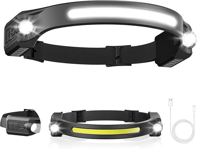 AlpsWolf Headlamp Rechargeable LED 1Pack - 2 XPE LED and COB LED Head Lamp, Motion Sensor, 260° Wide Beam, IPX4 Waterproof, Rechargeable Headlight for Camping Accessories
