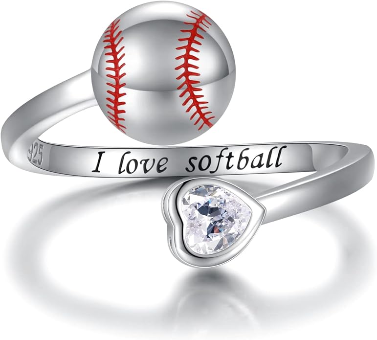 925 Sterling Silver Basketball Softball Baseball Football Tennis Racket Ring Adjustable Sports Jewelry Gifts for Women Player Mom