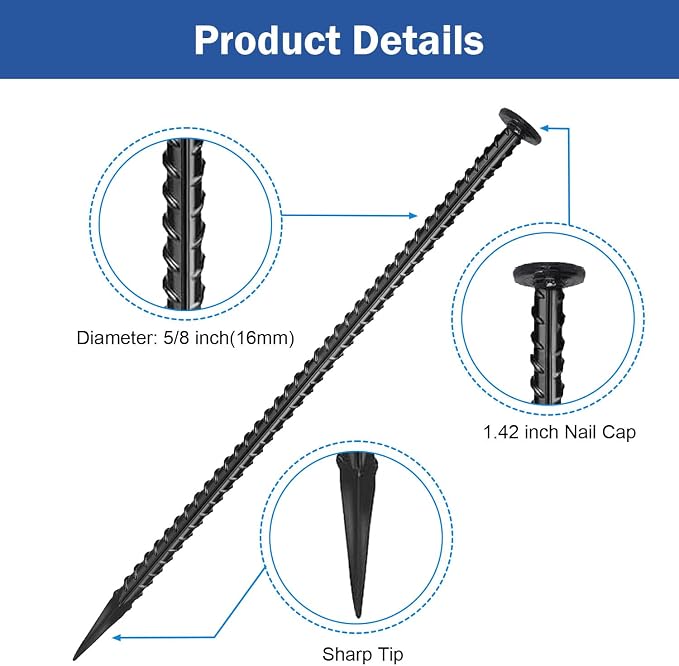 4 Pack Rebar Stakes - 5/8 Diameter Heavy Duty Metal Stakes with Chisel Point Ends, Ground Stakes for Yard and Camping, Tree Stakes Supports