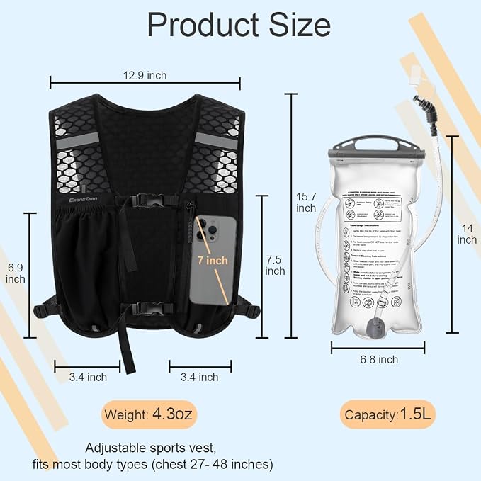 Running Vest with 1.5L Water Bladder, Lightweight Hydration Backpack for Women Men, Breathable Pack Adjustable Chest Straps Running Hydration Vest for Trail Running, Cycling, Hiking - Black
