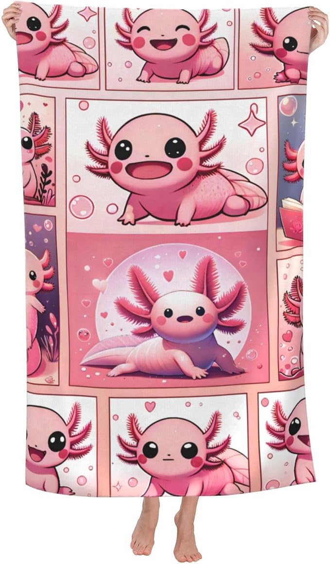 Cute Axolotl Beach Towel, 32x52in Microfiber Quick Dry Gold Cartoon Comic Fish Pink Bath Towels, Soft Lightweight Oversized Sand Free, for Travel Pool Swimming Gym Decor, Gifts
