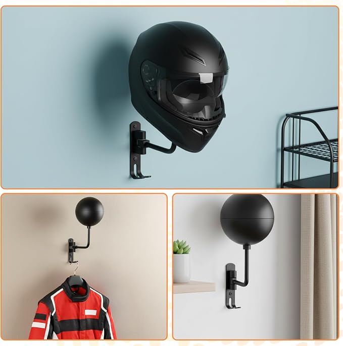 180° Motorcycle Helmet Rack, 4 Pack Rotatable Helmet Holder Wall Mount with 2 Hooks for Motorcycle Gear Coats Caps and Sports Accessories