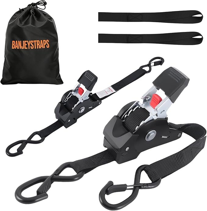 Self Retracting Ratchet Straps 1" x 10' (2-Pack) - Black Heavy Duty Tie Down Straps with Auto Retract, 1540lb Break Strength for Truck, Motorcycle, ATV, Cargo Trailer