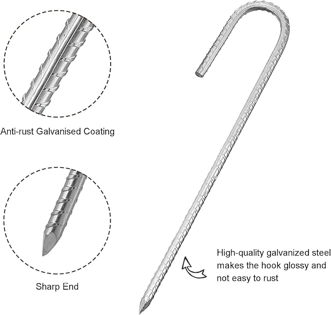 8 Pack Rebar Stakes 12 Inch, Heavy Duty Galvanised Steel Rebar Ground Stakes, Fence Anchors, Ground Stakes with Hook, Ground Blind Stakes for Marquees, Gazebos, Tents, Trampolines, Camping