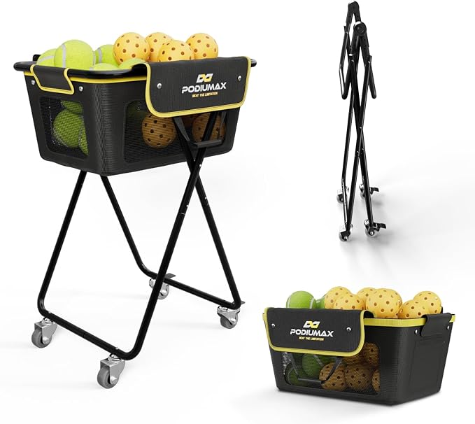 PodiuMax Pickleball Tennis Ball Hopper, Holds 180 Tennis-Balls or 150 Pickle Balls, Foldable Pickleball Caddy for Men Women Teen, Waterproof Tennis Ball Basket for Learners & Coaches