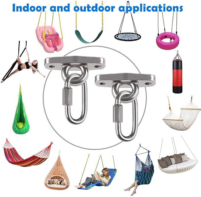 IOH 2 Pcs Heavy Duty Swing Hangers with 4 Screws SUS 304 Antirust, Playground Porch Yoga Seat Trapeze, Hammock Chair, Hanging Kit, Indoor Outdoor, 2000lb Capacity | 2 Quick Link Oval Carabiner |