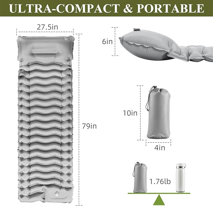 Sleeping Pad, Ultralight Inflatable Sleeping Mat with Pillow & Foot Pump, Extra Thick Compact Camping Mattress for Hiking, Backpacking & Tent Use(Gray)