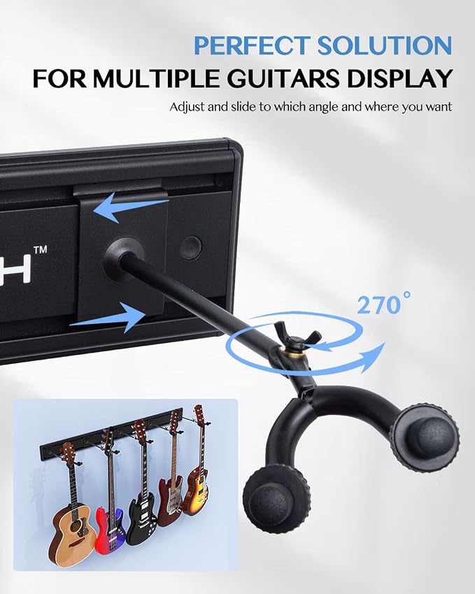 STRICH Guitar Wall Mount Hangers - Holds 5 Guitars, Aluminum Painted Black, Strong Aluminum Metal Stand Rack, Adjustable Display Set, SMH-05W