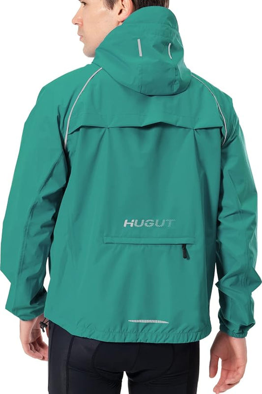 Hugut Men's Cycling Running Rain Jacket Lightweight Waterproof Biking Hiking Windbreaker Raincoat Reflective Packable