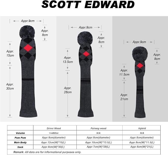 Scott Edward Knit Wood Golf Club Head Covers 4 Pieces Knitted Item Fit Over Well Driver Wood(460cc) Fairway Wood and Hybrid(UT)