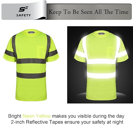 sesafety 3PACK High Visibility Shirts for Men, Class 3 Hi Vis Reflective Construction Shirts for Men with Pocket Safety T Shirts