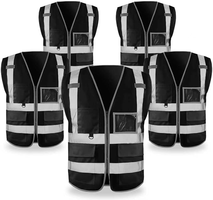 FATONE Hi Vis Safety Vest for Men with Reflective Strips, Class 2 High Visibility Vest with Pockets for Construction, Traffic, Warehouse, Security, Volunteer, 5 Pack Black, S