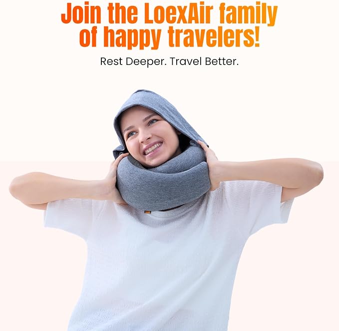 LOEXAIR™ Hooded Pro Travel Pillow - Memory Foam Neck Support Pillow for Airplane, Flight - Super-Soft Pure Cotton Fabric, Maximum Privacy & Light-Block Design, Lightweight Full Travel Kit - Light Grey