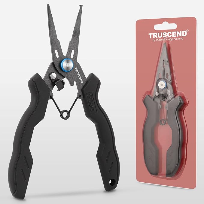 TRUSCEND Easy Use Lockable Fishing Pliers with Tungsten Carbide Cutter, Innovative Ergonomic Handy Handle, Saltwater Corrosion Resistant Teflon Coated Fishing Tool, Light Multi-Function Fishing Gear
