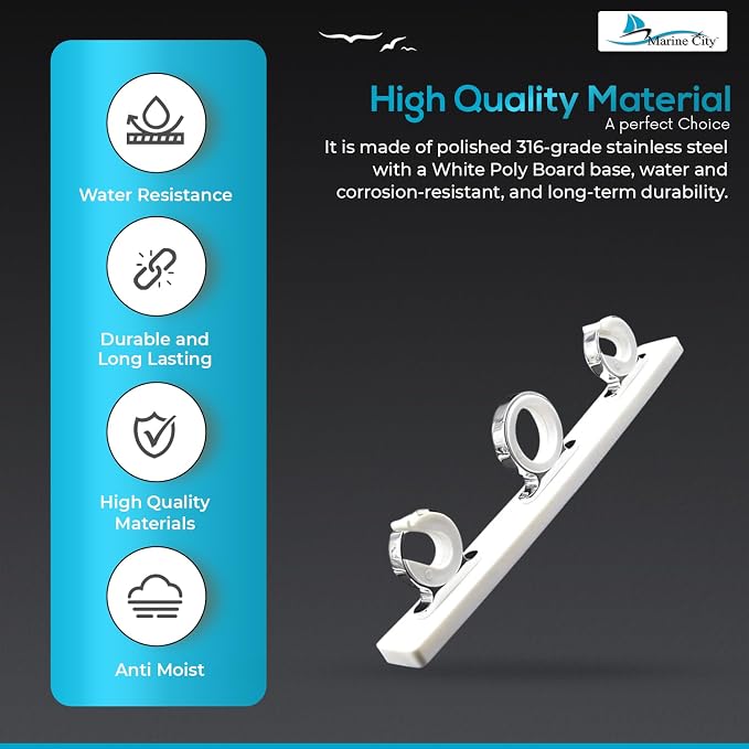 MARINE CITY Fishing Rod Storage Hanger Rack, 3-Rod Reel with White Poly Board, 316 Stainless Steel, Length 2.71 Inches for Boats Yachts Cars & Marine Use