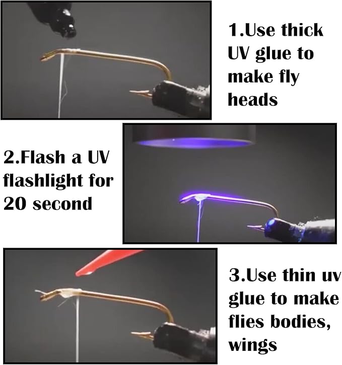 EUPHENG Fly Tying UV Resin Three Formula Thick,Thin and Super Flex Fly Tying Head Cement Fly Tying Glue for Building Flies Heads Bodies and Wings and Gluing Eyes