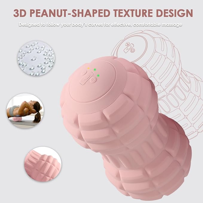 Silicone Vibrating Peanut Massage Ball Roller, Water Resistant Electric Double Lacrosse Massage Ball with 4 Intensities for Muscle Tightness, Deep Tissue Massager for Foot, Back, Hip (Pink)