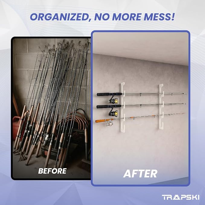 TRAPSKI Made in the USA Fishing Rod/Pole Holder Rack Organizer | Wall or Ceiling Mounted Fishing Rod Rack | Marine Grade HDPE Plastic | Pole Holder for 6 or 12 + Stackable