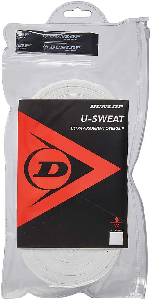 Dunlop Sports U-Sweat Tennis/Squash/Badminton/Padel OVERGRIP (3-Pack, 12-Pack, 30-Pack Roll) (Black & White Colors) (Super Absorbent, Moisture Wicking Construction, Comfortable, Cushioned Surface)