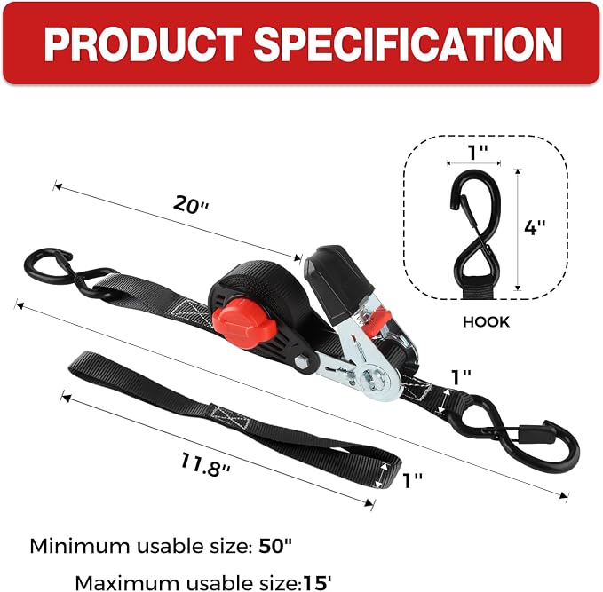 NeatStrap Ratchet Strap with Safety Lock Chromoly S Hooks-1,500lbs Break Strength-Motorcycle, Kayak Ratcheting Straps 1" x 15' Soft Loop Tie-Downs for Pickup Bed,Moving Truck,Trailer(4PK)