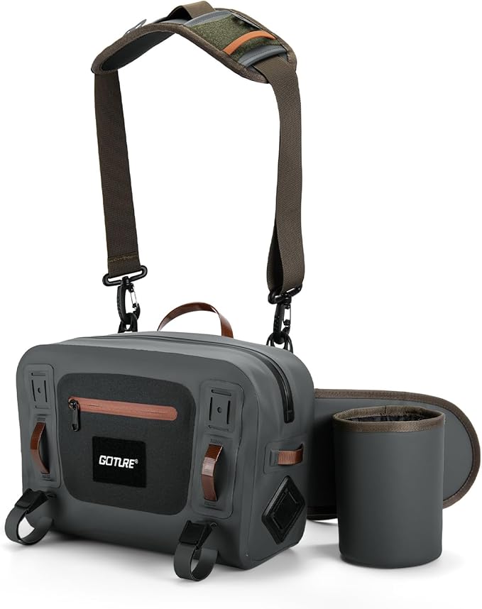 Goture Waterproof Fishing Waist Pack,IPX8 840D TPU Large Tackle Bag with Rod Holder,Airtight Zipper Closure,Detachable Water Bottle Holder, 10L Fly Fishing Bag with Adjustable Strap,Sling Fanny Pack