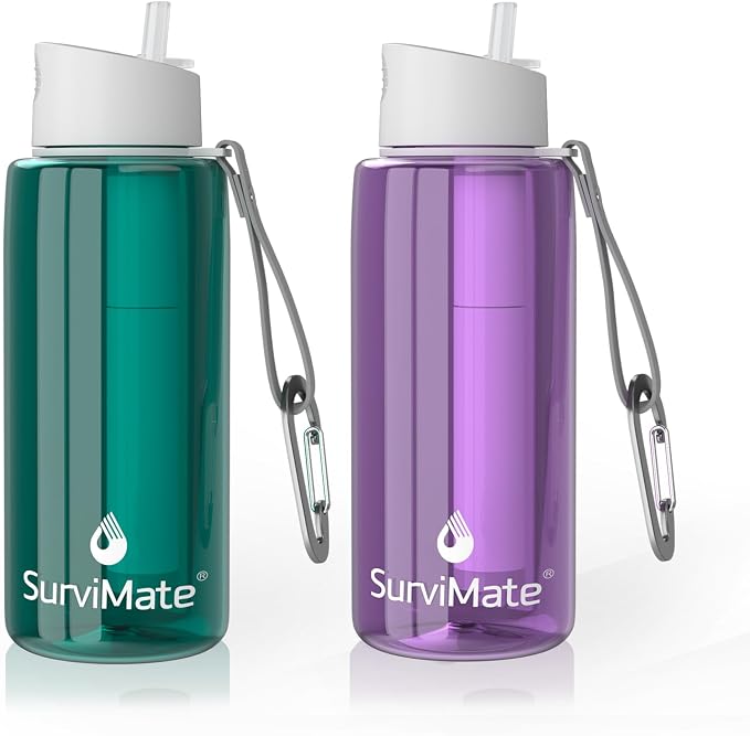 SurviMate Purified Water Bottle for Camping, Hiking, Backpacking and Travel, BPA Free with 5-Stage Intergrated Filter Straw