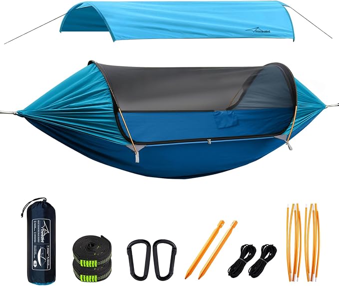 Camping Hammock Tent with Mosquito Net and Removable Sunshade, 4 in 1 Function, Lightweight Hanging Hammocks Tree Straps Swing, Bivvy Ground Tent for Outside, Hiking, and Travel