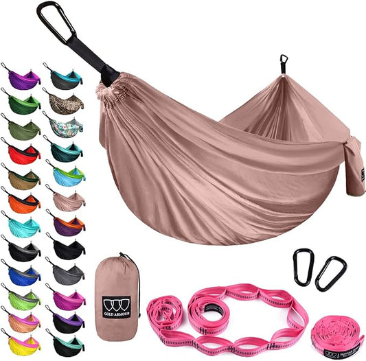 Gold Armour Camping Hammock - XL Double Hammock Portable Hammock Camping Accessories Gear for Outdoor Indoor with Tree Straps, USA Based Brand (Rose Gold)