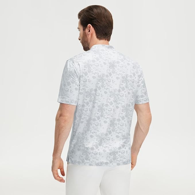M MAELREG Golf Shirts for Men Collarless Performance Dry Fit Stretch Henley Casual Printed Mens Polo Shirts Short Sleeve
