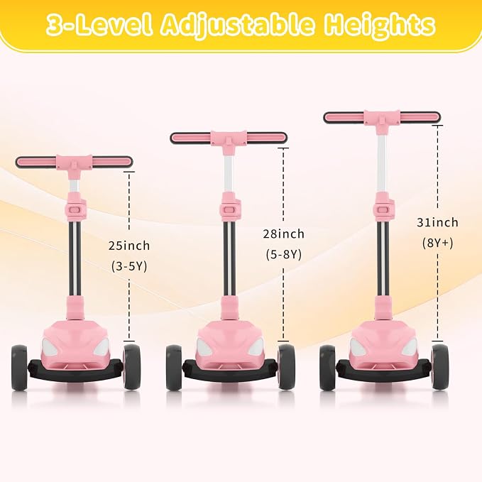 SIMATE Electric Scooter for Kids Ages 3+, 3 Wheel Balance Scooter, 3 Adjustable Heights, Foldable & LED Display & Thumb Throttle, Long Battery Life, Full Body Lights Up, Gift for Kids Boys Girls