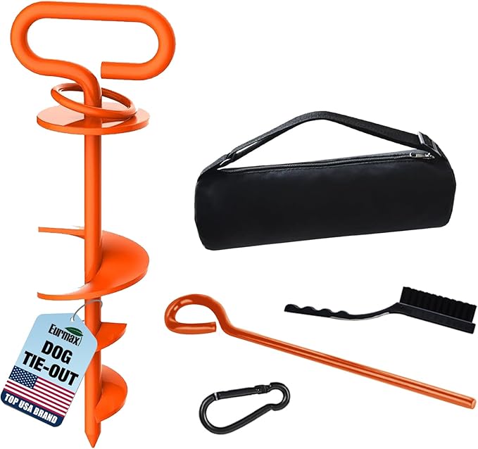 Eurmax USA Heavy Duty Dog Tie Out Stake, No-Tangle In Ground Anchor Runner for Large Dogs up to 210 Lbs - Perfect for Yard, Beach and Camping (Orange)