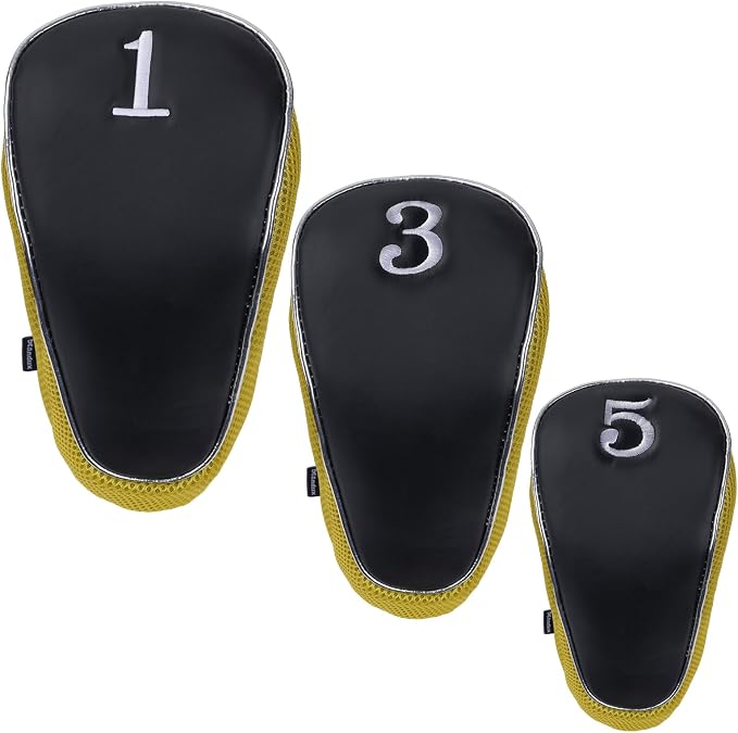 Andux Golf Wood Club Head Covers with Hook & Loop Set of 3 | for 460cc Driver Fairway Short Neck Faux Leather and Nylon-mesh Embroidery thread Number