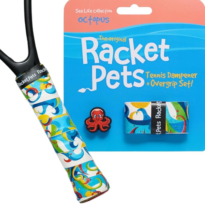 Racket Pets Kids Tennis Racket Dampener & Matching Overgrip Tape, Unicorn & Octopus