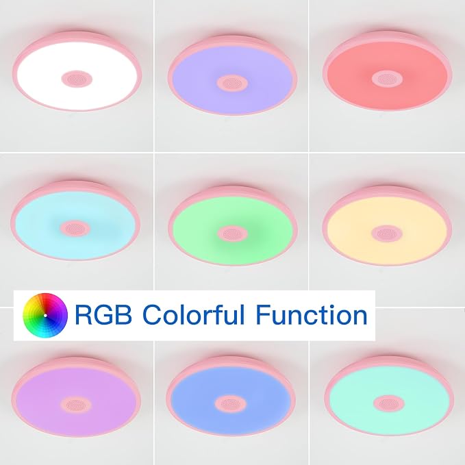 Pink Waterproof LED Ceiling Light Fixture,Music Ceiling Lamp,with Bluetooth Speaker,11Inch 18W, 2700K-6500K Dimmable RGB Color Changing Light with Remote Control,Suitable for Girls' Room