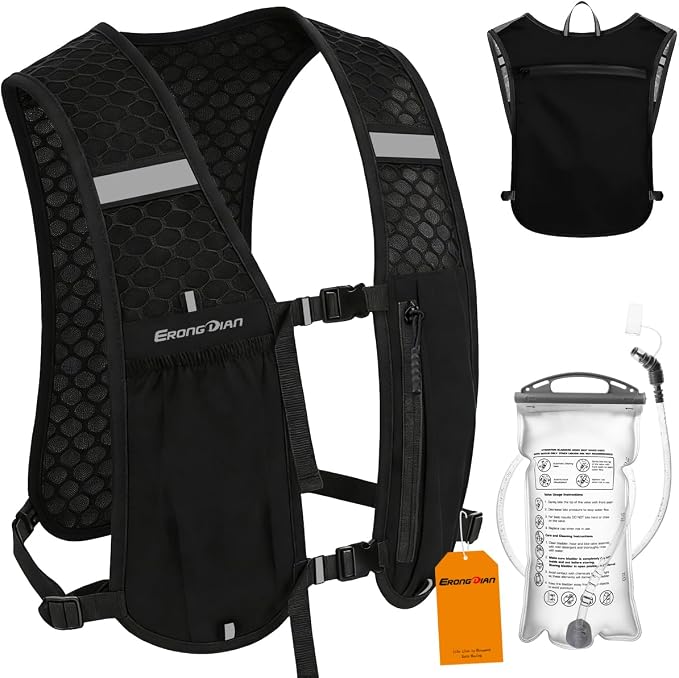 Running Vest with 1.5L Water Bladder, Lightweight Hydration Backpack for Women Men, Breathable Pack Adjustable Chest Straps Running Hydration Vest for Trail Running, Cycling, Hiking - Black