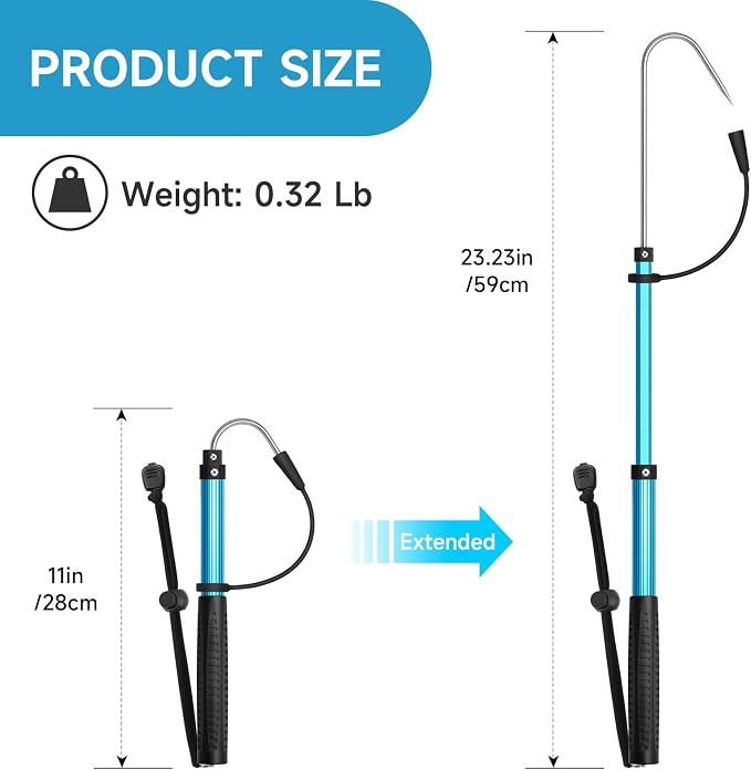 SANLIKE Telescopic Fishing Gaff Aluminum Pole with Nonslip Rubber Handle Stainless Steel M8 Screw Hook