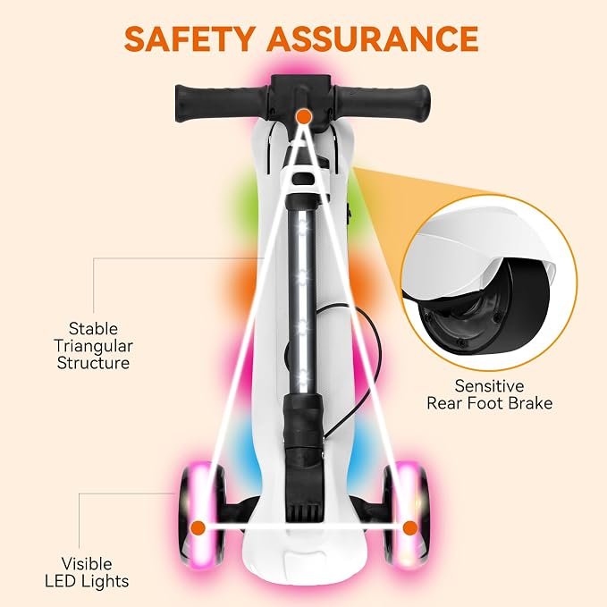 Electric Scooter for Kids w/150W Powerful Motor, Thumb Throttle, LCD Screen, Bluetooth, Light-Up Stem Deck & Wheels, 3 Adjustable Heights, 5MPH Safe Speed, 3 Wheel Electric Scooter for Kids