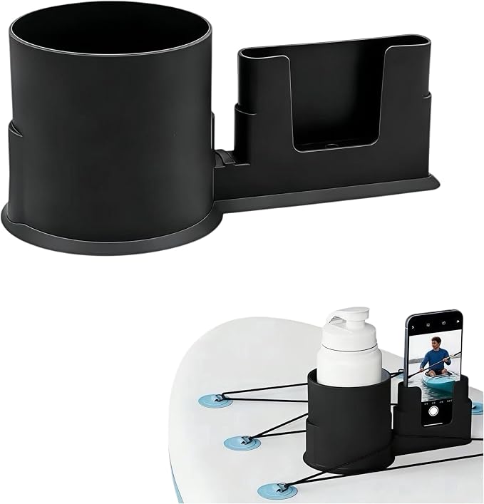 Paddle Board Cup Holder, Kayak Cup Holder, 2 in 1 Drink & Phone Holder, Paddle Board Accessories & Kayak Accessories for SUP, Canoe, Surfboard and Boat（Black）