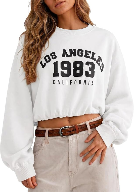 Flowyair Womens Crewneck Sweatshirt Los Angeles Elastic Waist Crop Tops | Long Sleeve, Loose Fit, Fall Spring, Pullover Tops, Round Neck, Elasticated Hem