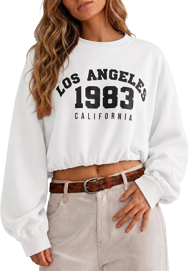 Flowyair Womens Crewneck Sweatshirt Los Angeles Elastic Waist Crop Tops | Long Sleeve, Loose Fit, Fall Spring, Pullover Tops, Round Neck, Elasticated Hem