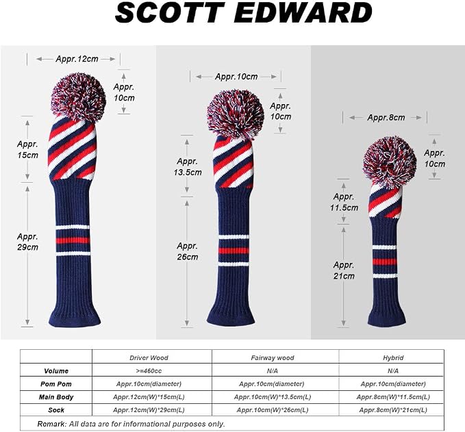 Scott Edward Knit Golf Club Cover with a Pom Set of 5 Head Covers Protect Driver Wood(460cc) 1 Fairway Wood2 and Hybrid/UT2 with Rotating Club Number Tags