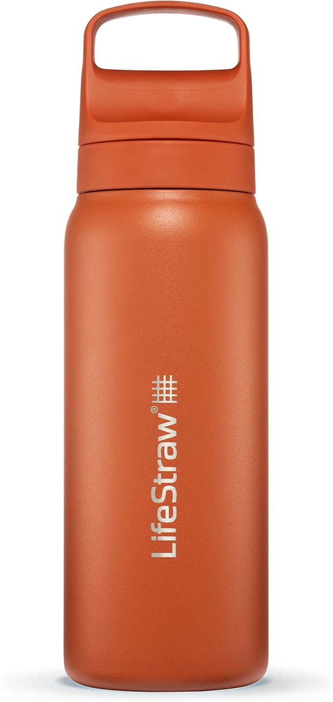 LifeStraw Go Series — Insulated Stainless Steel Water Filter Bottle for Travel and Everyday Use Removes Bacteria, Parasites and Microplastics, Improves Taste, 24 oz, Kyoto Orange