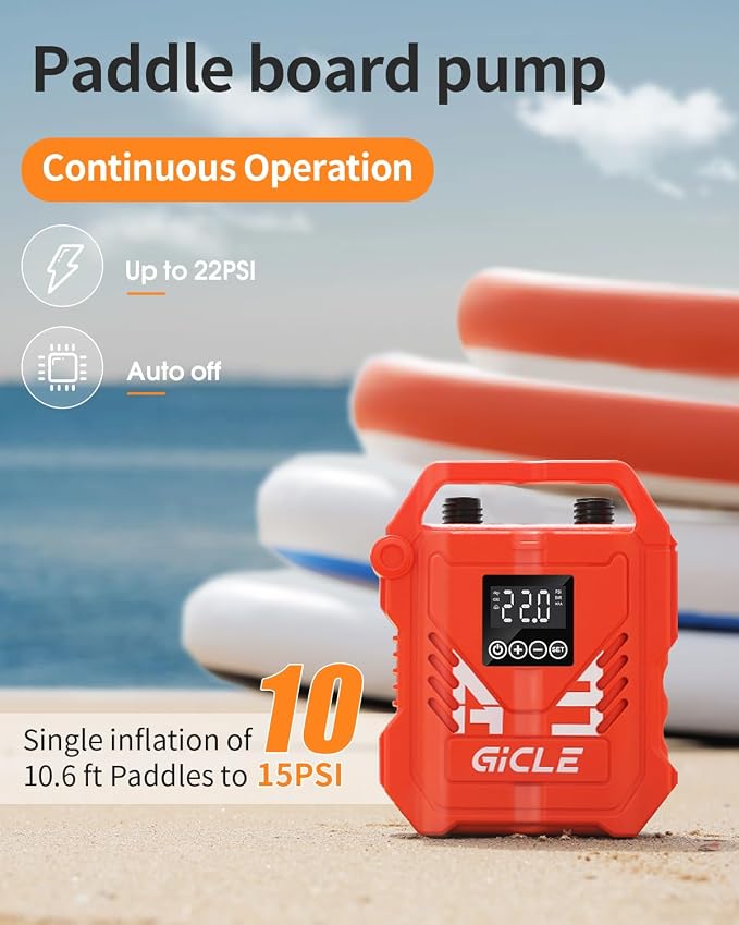 GICLE Paddle Board Pump Electric Portable with 12V DC Car Connector,22PSI Electric SUP Pump for Inflatebles Paddleboard,Bed,Mattress with Dual Stage Inflation and Boat Accessories