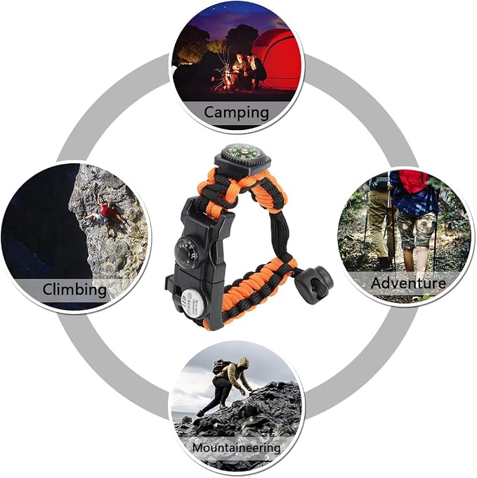 20 in 1 Survival Paracord Bracelet Adjustable Gear Kit with SOS LED Light, Fire Starter, Bigger Compass, Survival Whistle, Perfect for Camping, Hiking, Fishing