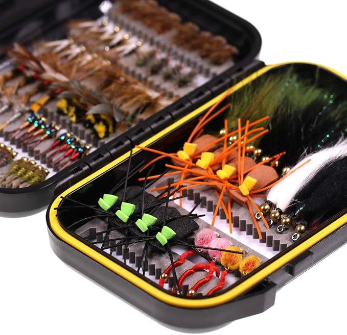 Wifreo Fly Fishing Flies Assortment with Waterproof Fly Box, 28/40/64/92/120pcs Dry/Wet/Nymph/Streamer Flies, Trout/Bass/Panfish/Salmon Fishing Flies