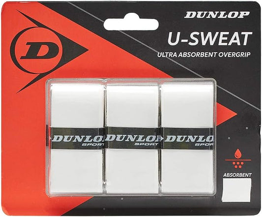 Dunlop Sports U-Sweat Tennis/Squash/Badminton/Padel OVERGRIP (3-Pack, 12-Pack, 30-Pack Roll) (Black & White Colors) (Super Absorbent, Moisture Wicking Construction, Comfortable, Cushioned Surface)