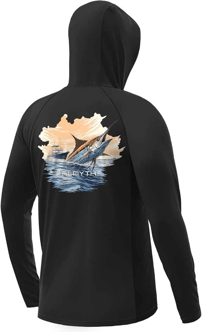 Palmyth Fishing Hoodie for Men Long Sleeve Sun Protection UV UPF 50+ Shirts | Hidden Zipper Pocket, Thumb Loops, Quick-Dry, Side Mesh Panels, Lens Cleaning Cloth, 4-Way Stretch