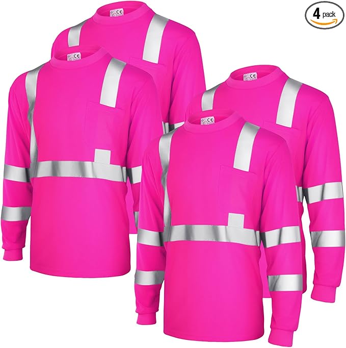 Amylove 4 Pcs Women Long Sleeve Safety Shirt High Visibility Shirts Reflective Construction Work Shirts for Women(L,Rose Red)