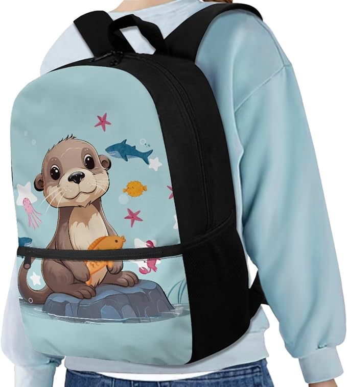 Sea Otter Backpack for Girls School Bag with Lunch Bag Pencil Case Water Bottle Holder 4PCS School Daypack Travel Bag Satchel Bagpack Back to School Supplies