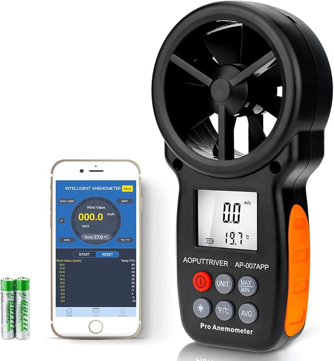 Digital Anemometer Bluetooth, Air Flow Velocity Meter Measuring Wind Temperature Wind Chill Gauge Tester, Handheld Wind Speed Meter for Outdoor Sailing Shooting Golf-AP-100APP